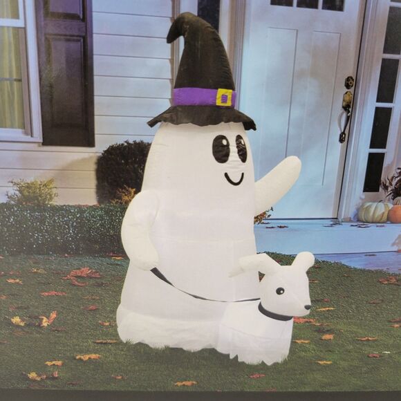 Halloween Outdoor Yard Inflatable 5ft Ghost Waving Walking Dog Spooky Witch Hat - Picture 2 of 10